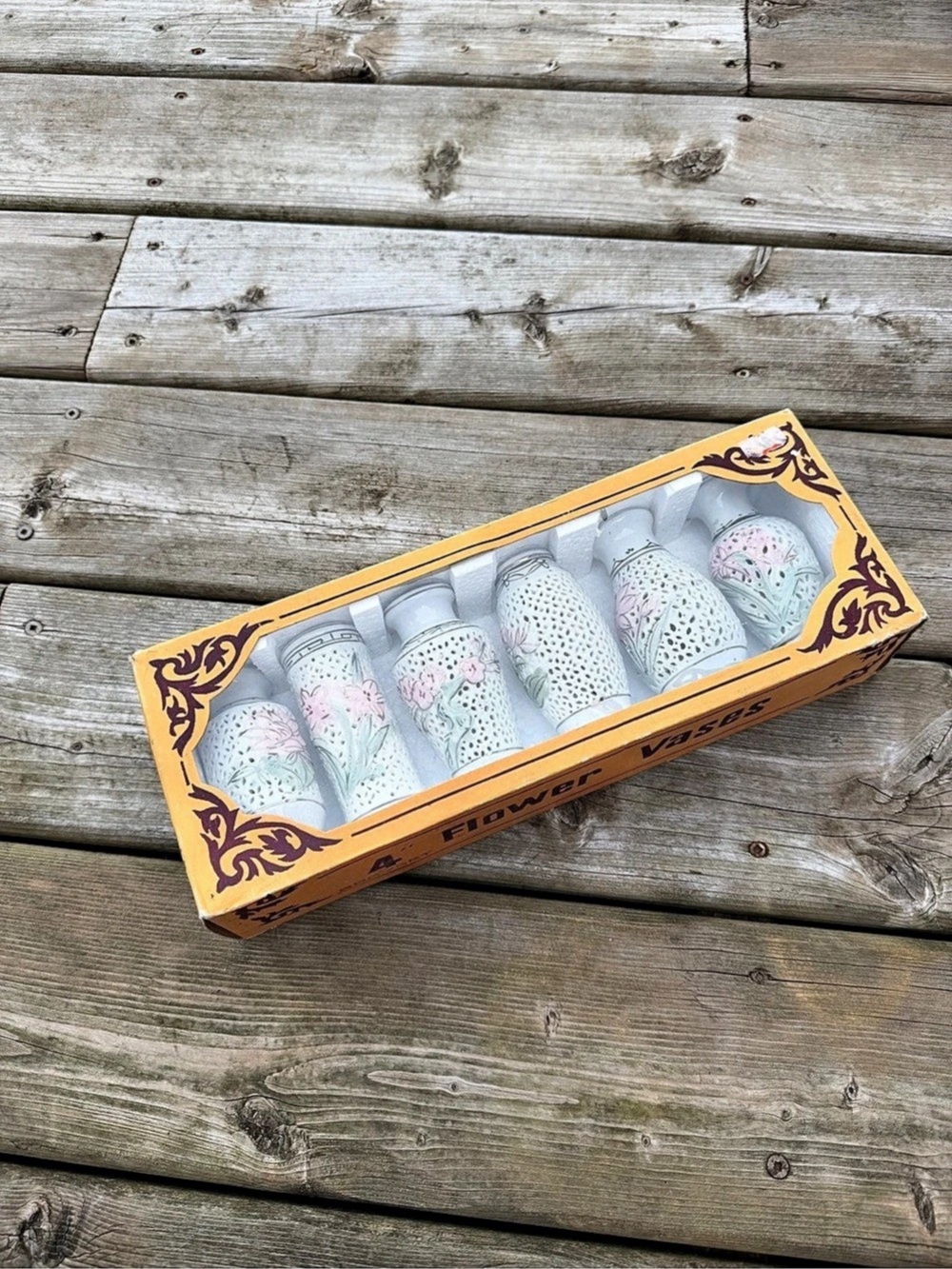 Set of 6 White Ceramic Floral Bud Vases Pink Flowers Pierced Design